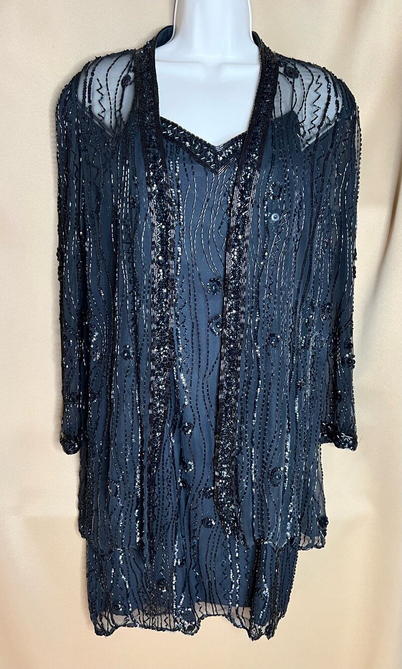 Nadine Boutique Black Beaded Sheath Dress and Jacket 5/6 Vintage